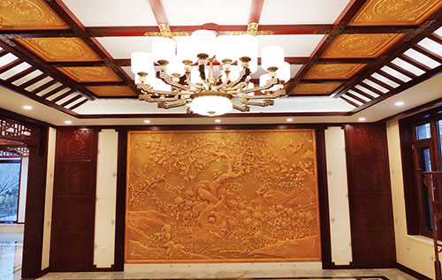 中式别墅客厅中式木作横梁吊顶装饰展示