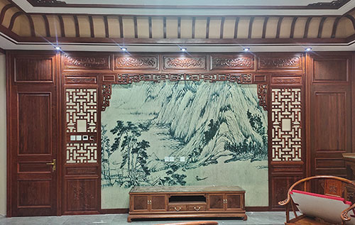 中式仿古别墅客厅背景墙花格木作装饰