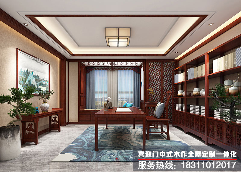 简约中式风格装饰的书房效果图