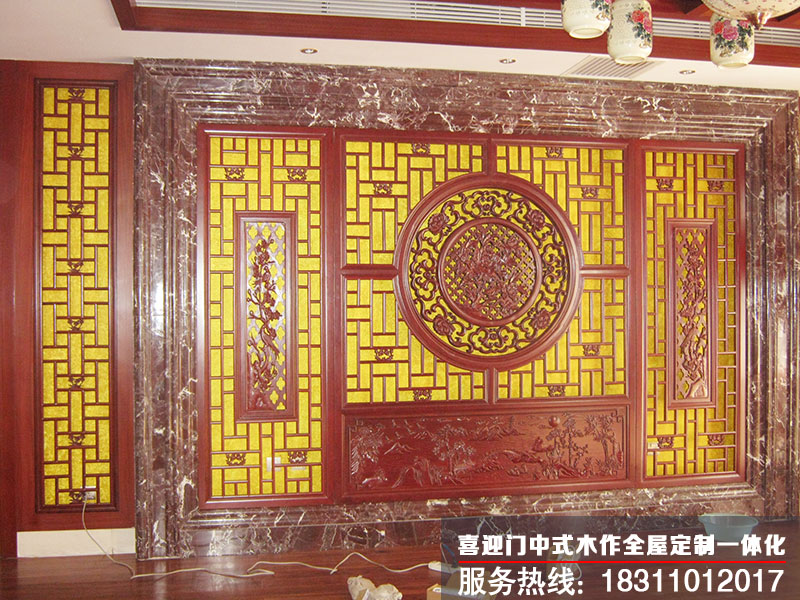 中式别墅客厅花格电视背景墙效果图